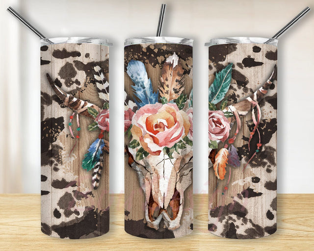 Bull Skull Western Country Cow 20oz Skinny Tumbler Png, Floral Seamless, Country Sublimation Tumbler, Aztec Cow Skull Western Tumbler Sublimation BouDesign 