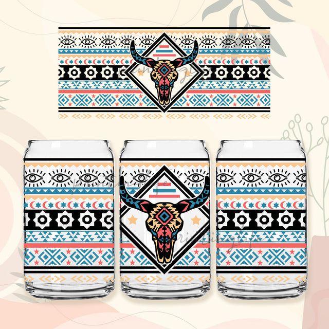 Bull Skull with Aztec Glass Can Wrap Png, Bull Skull Libbey Can Shaped Beer Glass 16 oz Template Sublimation PrintingLife 