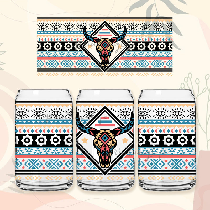 Bull Skull with Aztec Glass Can Wrap Png, Bull Skull Libbey Can Shaped Beer Glass 16 oz Template Sublimation PrintingLife 