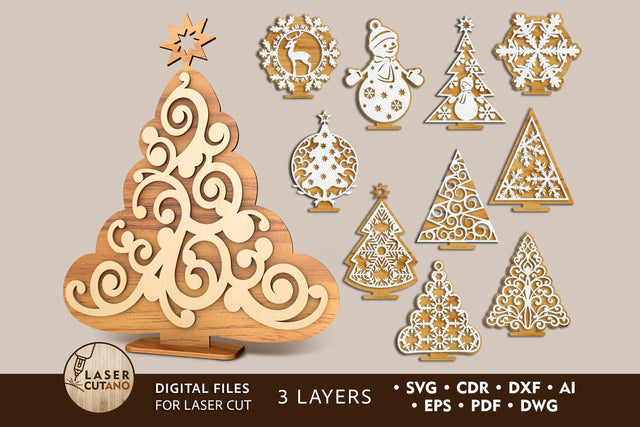 Bundle Christmas Trees Multilayer Laser Cut Files, Mandala, Round Sign SVG, 3D Designs, Mini Design Bundles SVG LaserCutano 