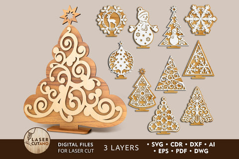 Bundle Christmas Trees Multilayer Laser Cut Files, Mandala, Round Sign SVG, 3D Designs, Mini Design Bundles SVG LaserCutano 