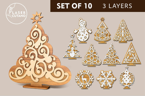 Bundle Christmas Trees Multilayer Laser Cut Files, Mandala, Round Sign SVG, 3D Designs, Mini Design Bundles SVG LaserCutano 