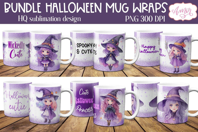 BUNDLE Cute Halloween witch mug wraps PNG Sublimation Sublimation Amorclipart 