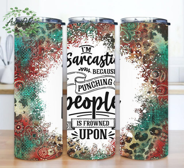 Bundle Funny Sarcastic Western 20oz Skinny Tumbler Png, Leopard Tumbler Png, I'm Sarcastic Because Punching People Is Frowned Upon Tumbler Sublimation AdriOP 