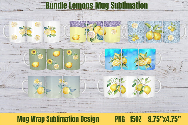 Bundle Lemons Mug Sublimation, Coffee Cup Background PNG Sublimation Helga Art 