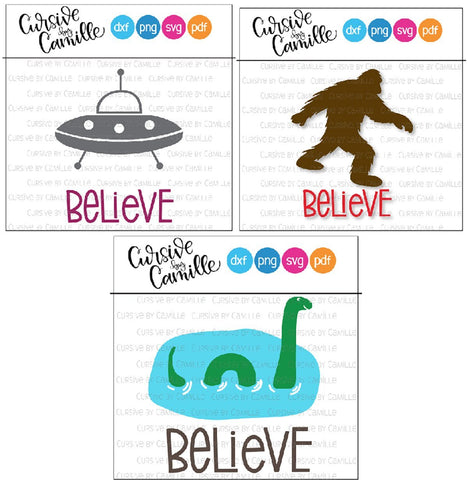 Bundle of 3 Urban Legend Cut Files (UFO, Bigfoot, and the Loch Ness Monster) Cursive by Camille 