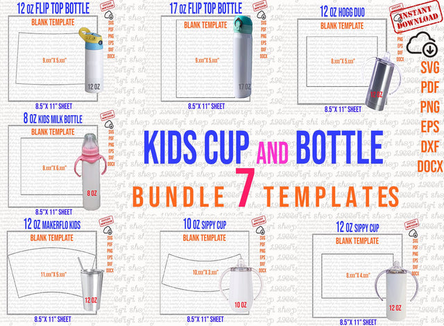 Bundle Tumbler Template, 7 kids cup and bottle template for sublimation, sippy and flip top kids, milk bottle, Hogg duo, Makerflo Kids, Docx SVG 1966digi 