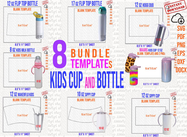 Bundle Tumbler Template, 8 kids cup and bottle template for sublimation, sippy and flip top kids, milk bottle, Hogg duo, Makerflo Kids, Docx SVG 1966digi 