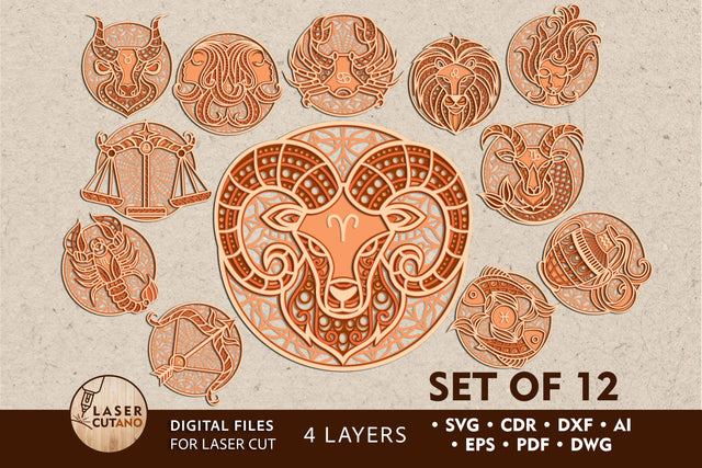 Bundle ZODIAC, Horoscope Multilayer Laser Cut Files, Mandala, Round SVG, 3D Designs, Paper Cut, Mini Design Bundles SVG LaserCutano 