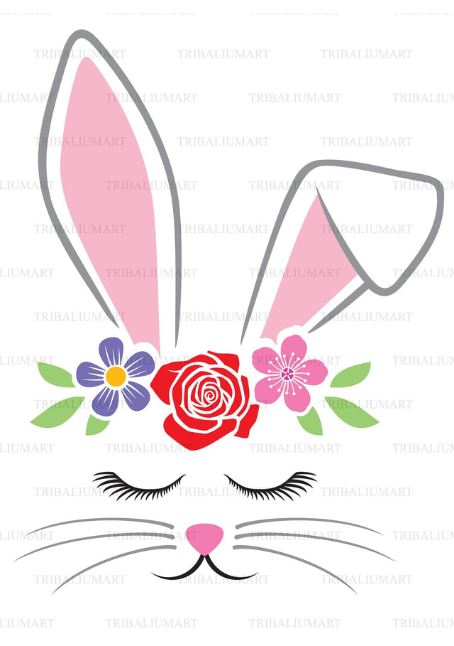 Bunny face with bow and flowers SVG TribaliumArtSF 