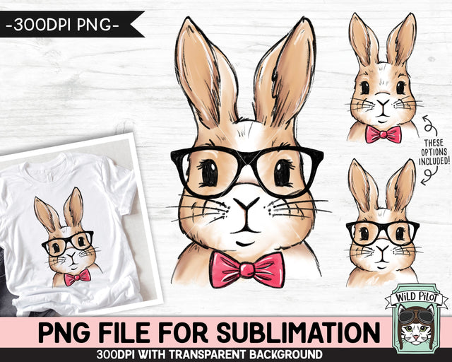 Bunny SUBLIMATION design PNG, Easter Bunny Glasses Bowtie png file, Bunny Rabbit sublimation, Kids Easter Shirt Basket Bunny png, Spring png Sublimation Wild Pilot 