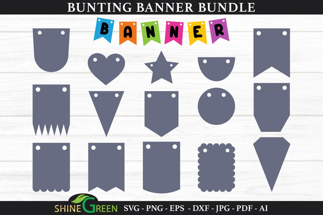 Bunting Banner SVG Bundle | 15 Bunting Clipart Flag Template SVG Shine Green Art 