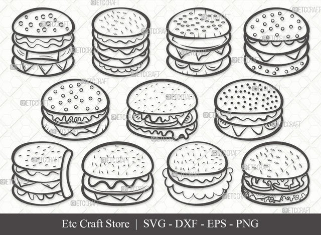 Burger Outline SVG Cut File | Hamburger Svg | Fast Food Svg | Bbq Food Svg | Cheeseburger Svg | Burger Bundle | Eps | Dxf | Png SVG ETC Craft 
