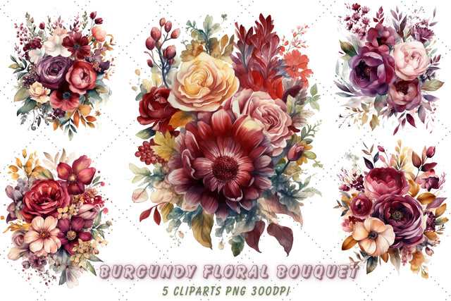 Burgundy Floral Bouquet Watercolor Clipart Bundle, Sublimation, Burgundy Floral Bouquet Sublimation FloridPrintables 