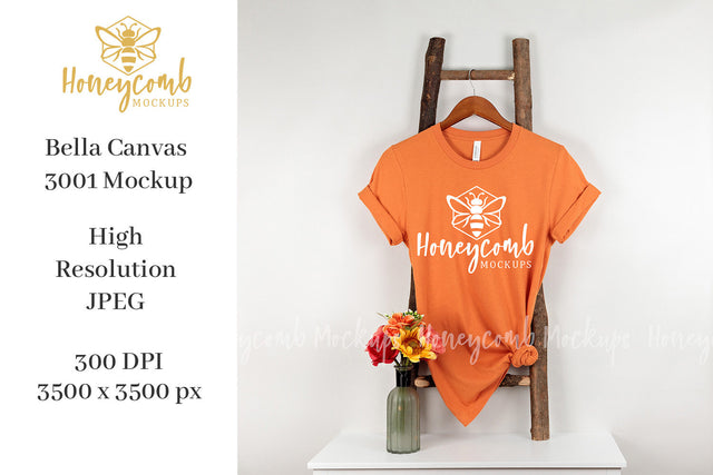 Burnt Orange 3001 Mockup, Fall T-Shirt Mockup, Hanging Ladder Mockup, Women's Orange T-Shirt Mockup, Halloween Mockup Mock Up Photo Honeycomb Mockups 