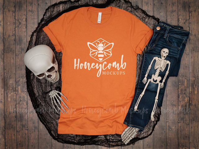 Burnt Orange Bella Canvas 3001 Mockup, Halloween Mockup, Women's Orange T-Shirt Mockup, Skeleton Mockup Mock Up Photo Honeycomb Mockups 