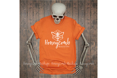 Burnt Orange Bella Canvas 3001 Mockup, Halloween Mockup, Women's Orange T-Shirt Mockup, Skeleton Mockup Mock Up Photo Honeycomb Mockups 