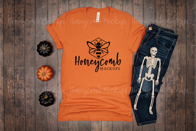 Burnt Orange Bella Canvas 3001 Mockup, Halloween Mockup, Women's Orange T-Shirt Mockup, Skeleton Mockup Mock Up Photo Honeycomb Mockups 