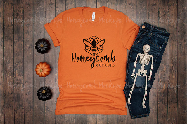 Burnt Orange Bella Canvas 3001 Mockup, Halloween Mockup, Women's Orange T-Shirt Mockup, Skeleton Mockup Mock Up Photo Honeycomb Mockups 