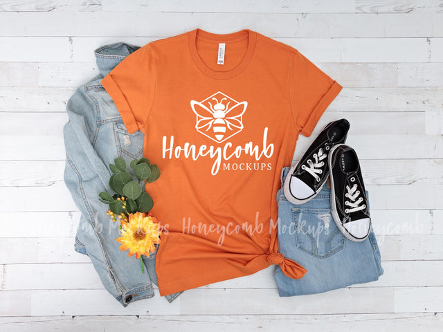 Burnt Orange Bella Canvas 3001 Mockup, Orange T-Shirt Mockup Mock Up Photo Honeycomb Mockups 