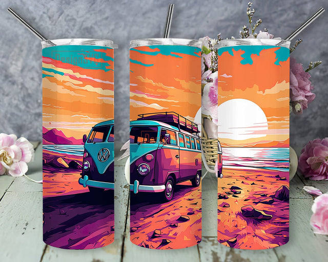 Bus On The Beach At Sunset 20oz Skinny Tumbler Png, Beach Hippie Van Summer Sunset Tumbler, Beach Bus Tumbler, Ocean Water Bottle, Camping Bottle, Travel Mug, Beach Life Sublimation DesignSVG 