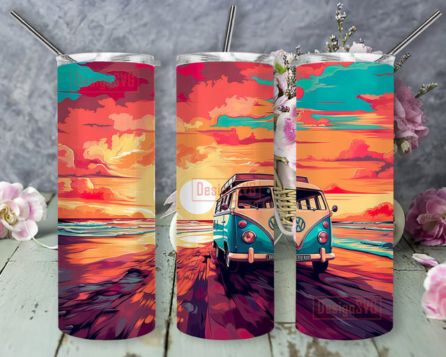 Bus On The Beach At Sunset 20oz Skinny Tumbler Png, Beach Hippie Van Summer Sunset Tumbler, Beach Bus Tumbler, Ocean Water Bottle, Camping Bottle, Travel Mug, Beach Life Sublimation DesignSVG 