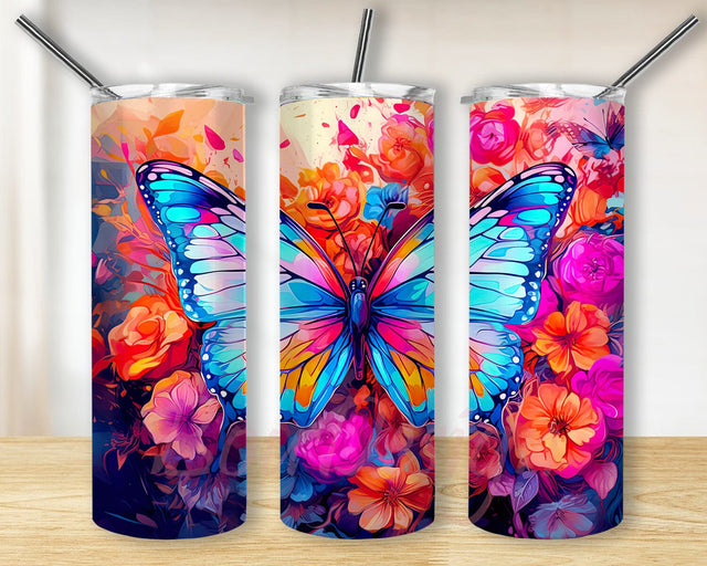 Butterflies And Flowers 20oz Skinny Tumbler Sublimation Design, Colorful Flowers Tumbler, Colorful Butterflies Flowers Tumbler, Colorful Butterflies Tumbler Sublimation BouDesign 