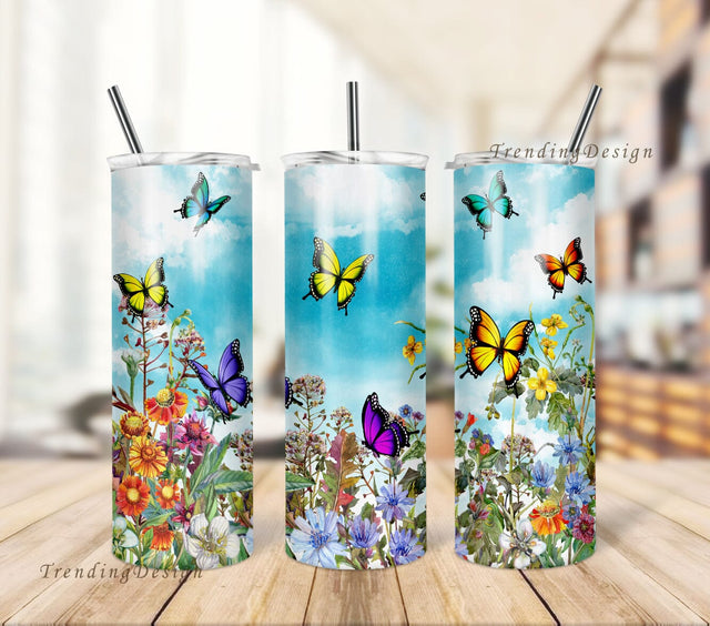 Butterflies Floral - 20 oz Skinny Tumbler Sublimation Designs PNG Files Digital Download, Tumbler Wrap PNG Sublimation TrendingDesign 