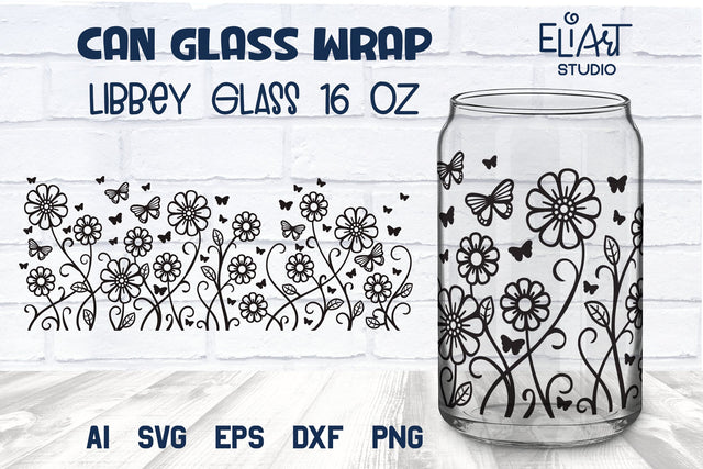 Butterflies Libbey Can Glass SVG, Floral Beer Glass Can Wrap, 16 OZ Libbey Glass Summer PNG. SVG Elinorka 