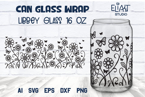 Butterflies Libbey Can Glass SVG, Floral Beer Glass Can Wrap, 16 OZ Libbey Glass Summer PNG. SVG Elinorka 