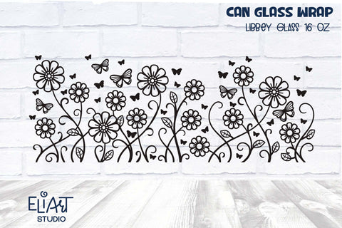 Butterflies Libbey Can Glass SVG, Floral Beer Glass Can Wrap, 16 OZ Libbey Glass Summer PNG. SVG Elinorka 