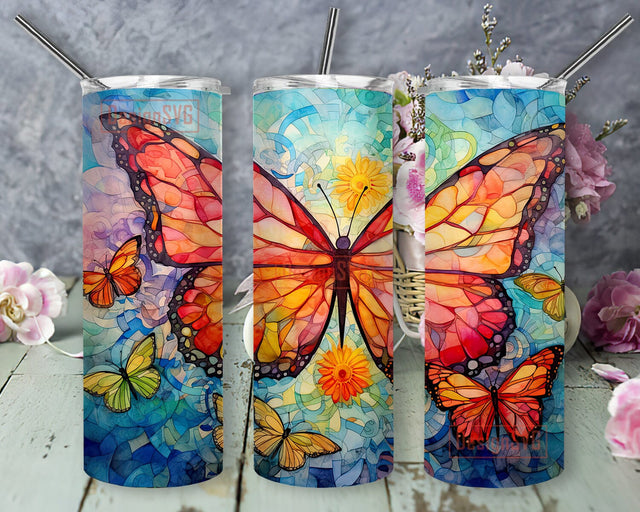 Butterflies Rainbows Watercolor Flower 20oz Skinny Tumbler Png, Butterflies Tumbler, Background Blue Butterflies Tumbler, Flower and Butterfly Tumbler, Butterflies Floral Tumbler Sublimation DesignSVG 