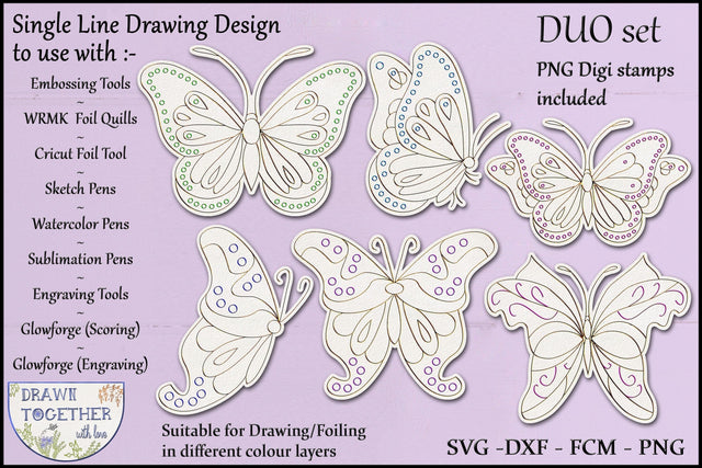 Butterflies set 2 - Single line for Foil Quill and Digi Stamp. Sketch DESIGN DrawnTogether with love 