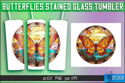 Butterflies Stained Glass Tumblers Wrap 20 oz. Sublimation Fly Design 