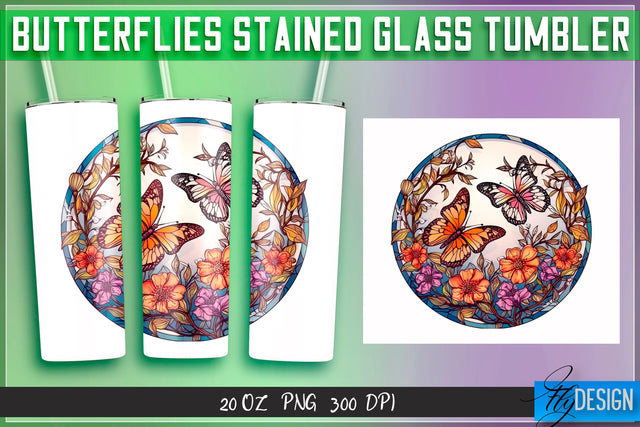 Butterflies Stained Glass Tumblers Wrap 20 oz. Sublimation Fly Design 