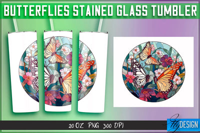 Butterflies Stained Glass Tumblers Wrap 20 oz. Sublimation Fly Design 