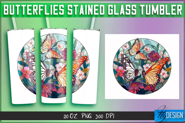 Butterflies Stained Glass Tumblers Wrap 20 oz. Sublimation Fly Design 