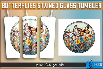 Butterflies Stained Glass Tumblers Wrap 20 oz. Sublimation Fly Design 