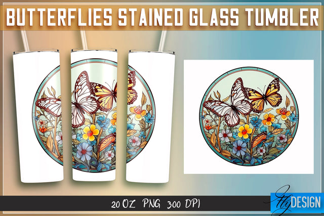 Butterflies Stained Glass Tumblers Wrap 20 oz. Sublimation Fly Design 