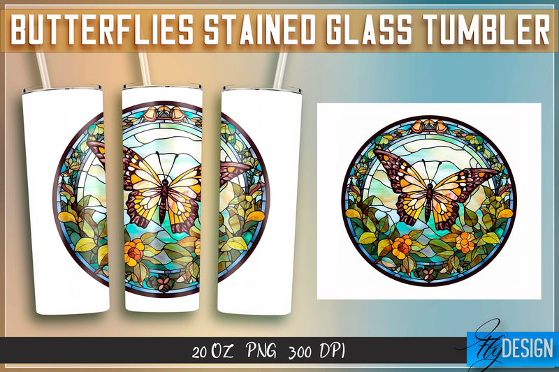 Butterflies Stained Glass Tumblers Wrap 20 oz. Sublimation Fly Design 