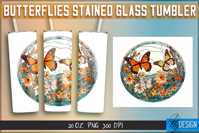 Butterflies Stained Glass Tumblers Wrap 20 oz. Sublimation Fly Design 