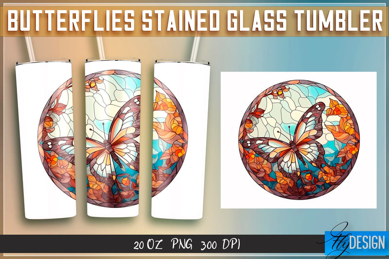 Butterflies Stained Glass Tumblers Wrap 20 oz. Sublimation Fly Design 