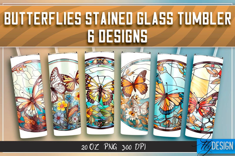 Butterflies Stained Glass Tumblers Wrap 20 oz. Sublimation Fly Design 