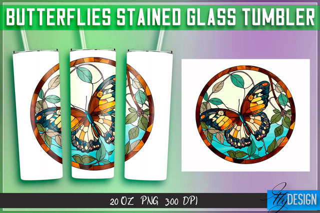 Butterflies Stained Glass Tumblers Wrap 20 oz. Sublimation Fly Design 