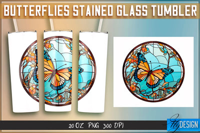 Butterflies Stained Glass Tumblers Wrap 20 oz. Sublimation Fly Design 