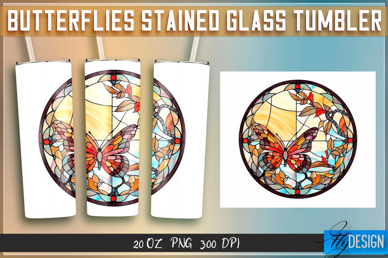 Butterflies Stained Glass Tumblers Wrap 20 oz. Sublimation Fly Design 