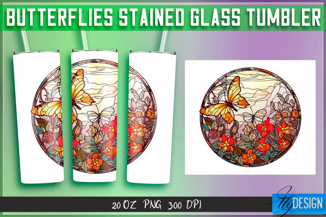 Butterflies Stained Glass Tumblers Wrap 20 oz. Sublimation Fly Design 