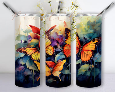 Butterflies Watercolor 20oz Skinny Tumbler Png, Watercolor Butterflies Tumbler Sublimation, Watercolor Flowers Boho, Floral Gold Glitter Butterfly Tumbler Sublimation PixelChick 