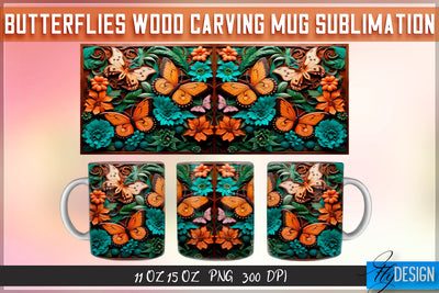 Butterflies Wood Carving 11|15 Oz Mug Sublimation Sublimation Fly Design 