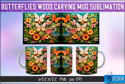 Butterflies Wood Carving 11|15 Oz Mug Sublimation Sublimation Fly Design 